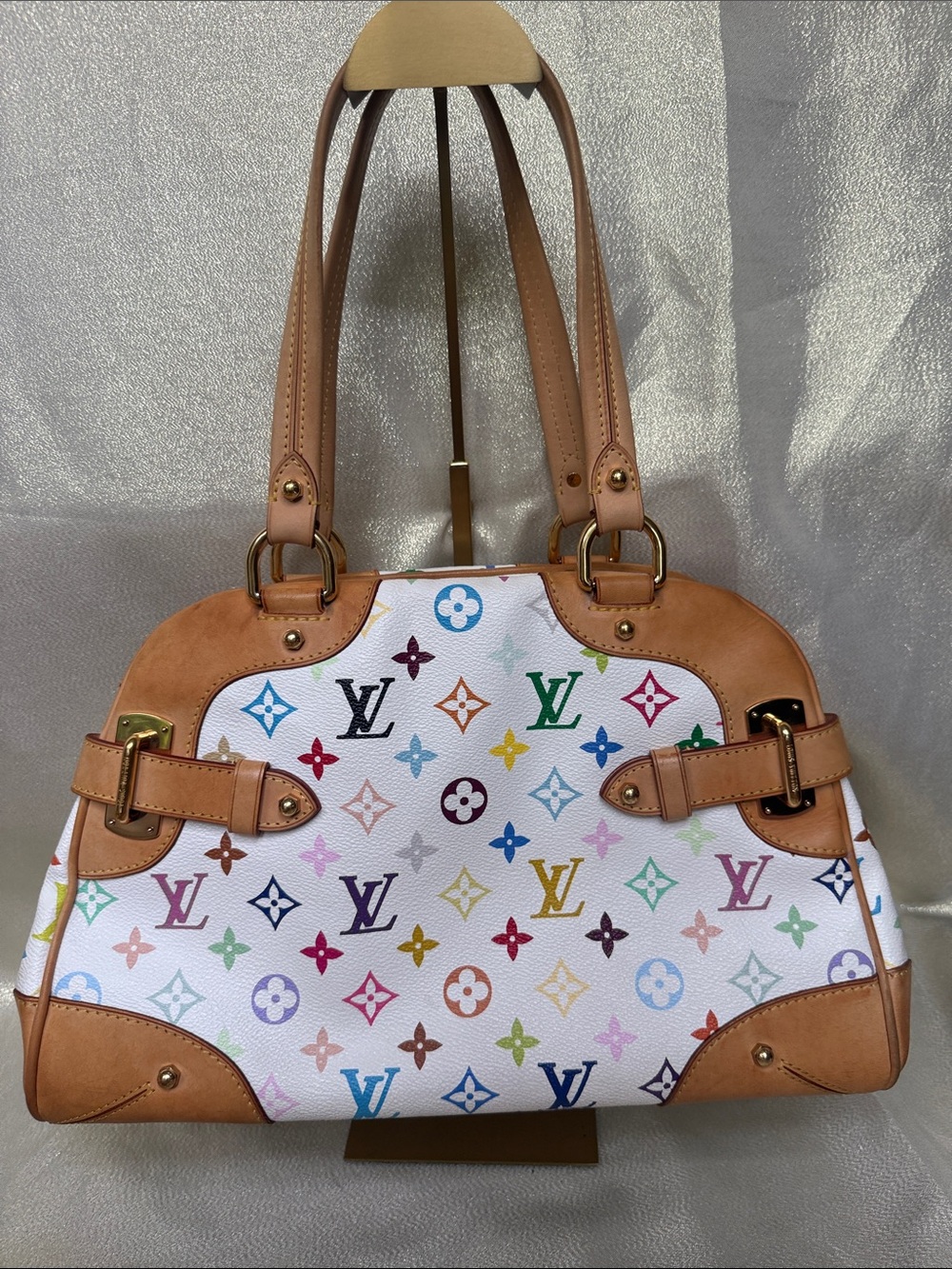 Louis Vuitton Multicolor Monogram Murakami Claudia Satchel - White/Tan